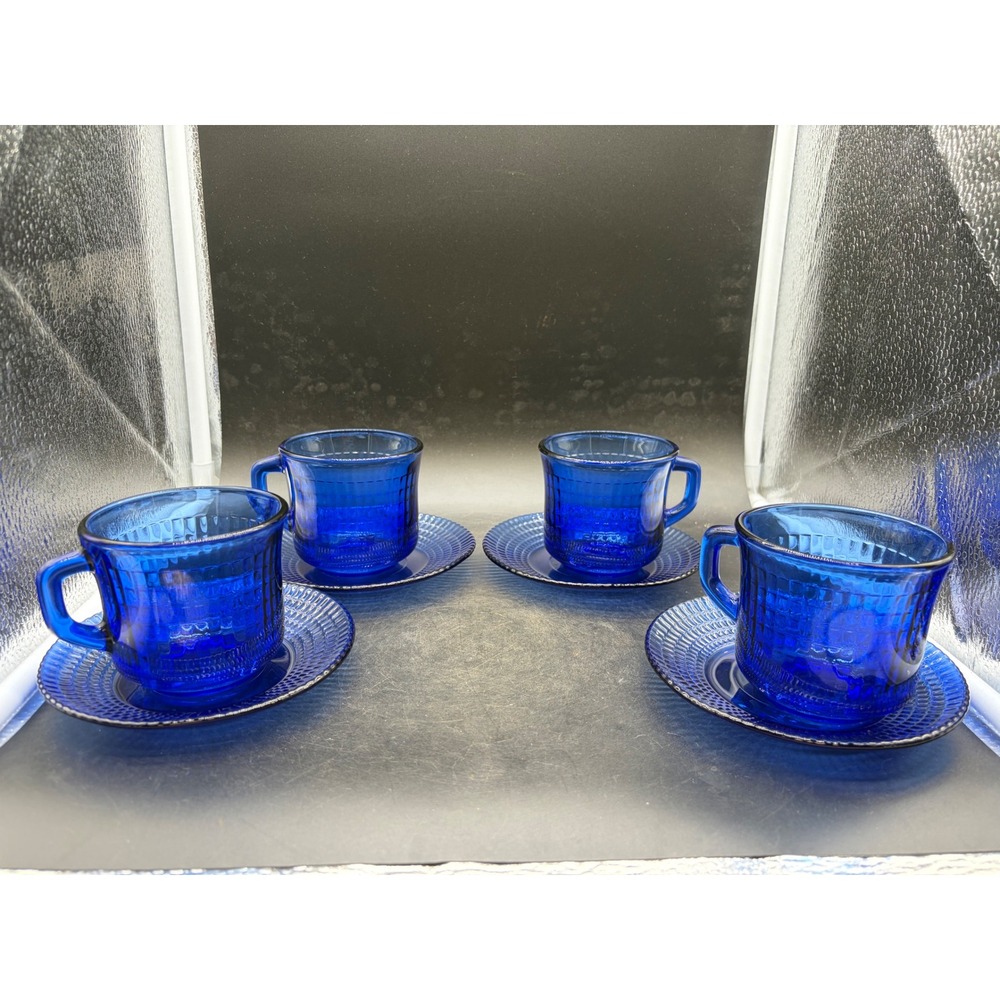 Duralex France Cobalt Blue Glass Tea Cup and Saucer Set of 4 Vintage Tempered